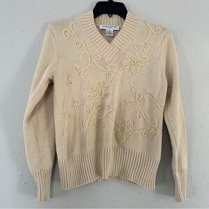 Jones Wear Sport Cream Yellow V-Neck Floral Embroidered Vintage Sweater Medium